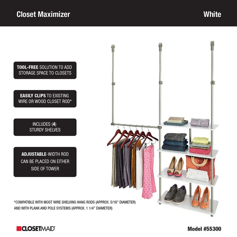 ClosetMaidÂ® Maximizerâ„¢ Closet Accessory, Add Adjustable Storage Space, 4 Shelves, Double Hang Rod, Tool Free, Add On Unit, White - Image 4